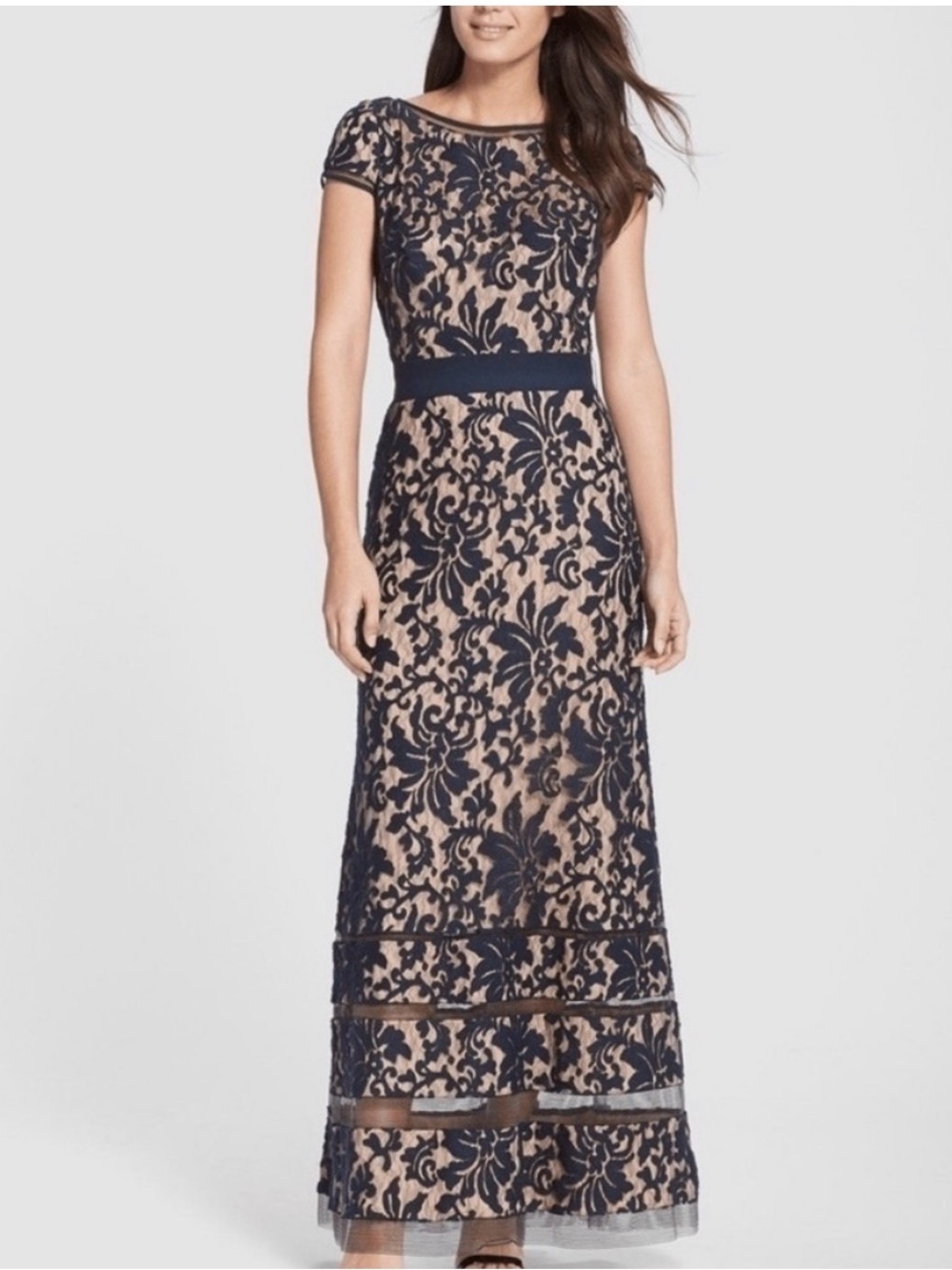 Tadashi Shoji Navy Lace Cap Sleeve Gown Size 2